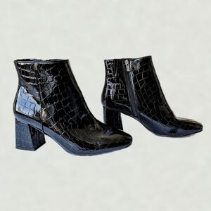 Eloquii Lexa Faux Patent Croc Leather 3" Block Heel Ankle Boot Round Toe- sz 9W